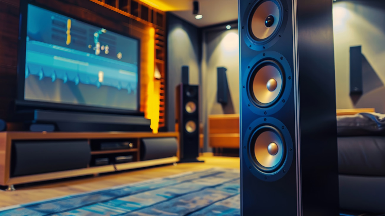 A home theater setup with floortoceiling speakers creating an immersive audio experience.
